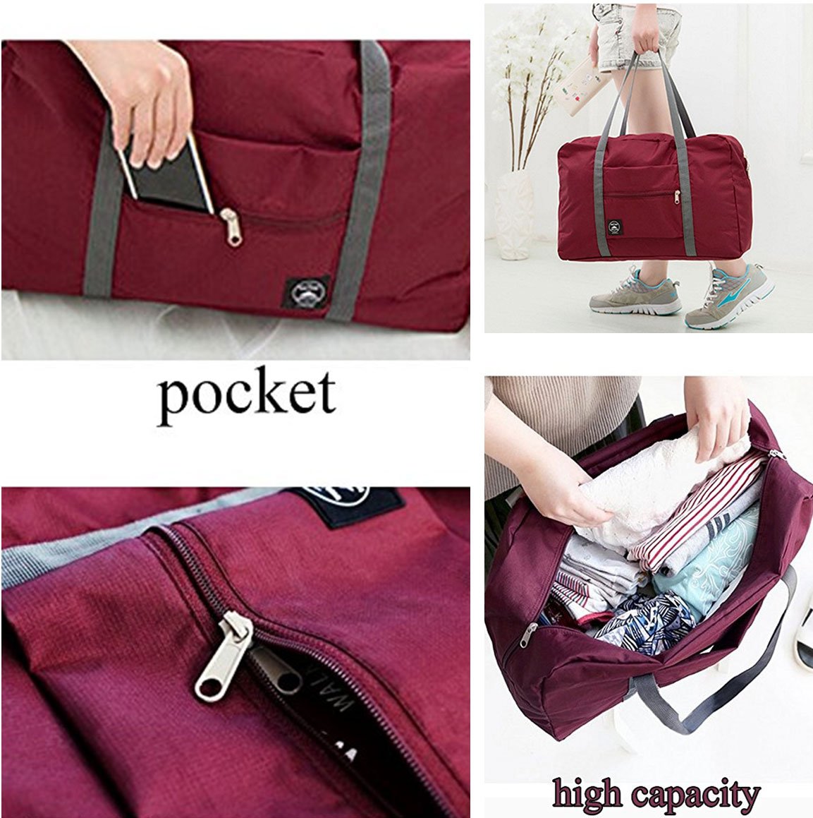 Foldable Travel Duffel Bag - Water Resistant Carry On Luggage for Spirit Airlines, Personal Item Gym Bag for Men & Women - Perfect for Sports, Gym, Weekend Getaways & Overnight Trips (Red)
