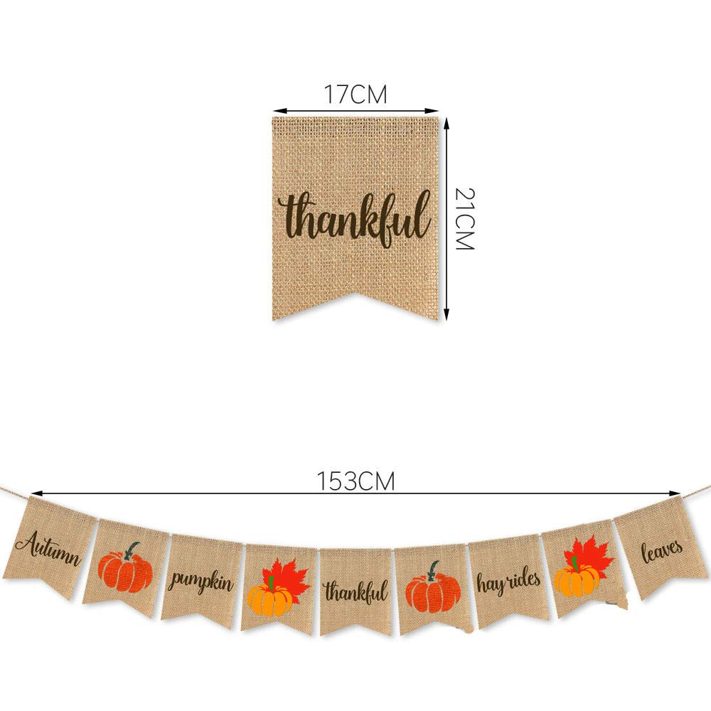 Burlap Autumn Thankful Banner - Rustic Pumpkin Thanksgiving Decor for Home, Party & Fall Festival Decorations