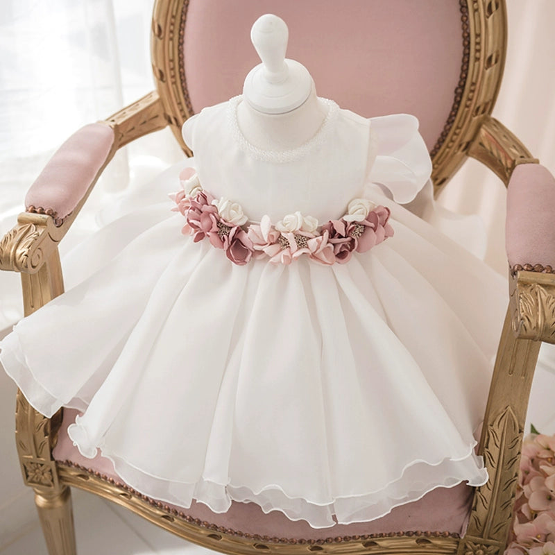 White Princess Round Tea Length Organza Flower Girl Dress for Weddings & Special Occasions