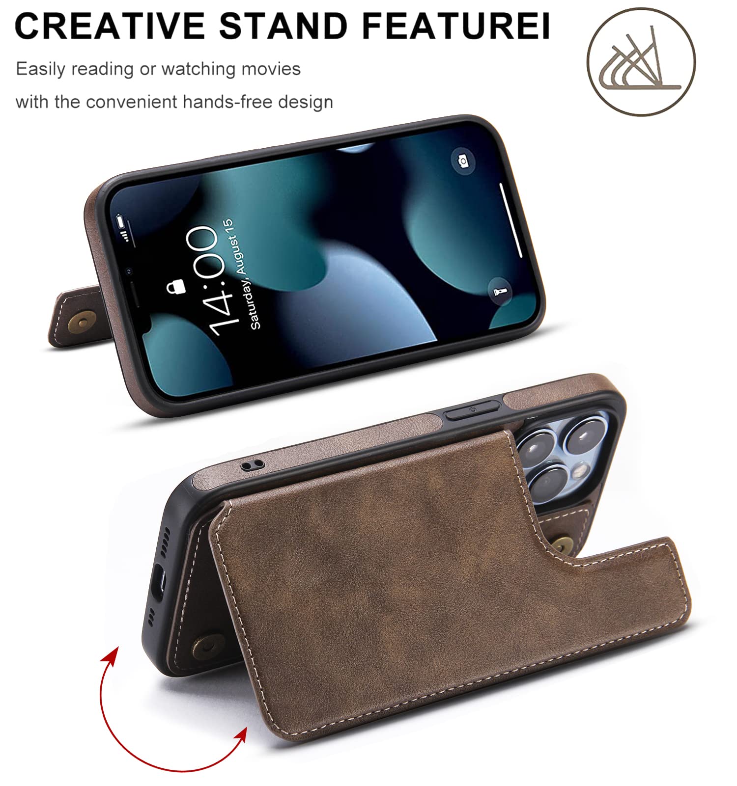 Luxury Leather iPhone 13 Pro Max Wallet Case with Card Holder & Kickstand - 6.7 Inch Shockproof Cover with Double Magnetic Clasp (Dark Brown) - Perfect for Business Travel, Daily Commute & Hands-Free Viewing