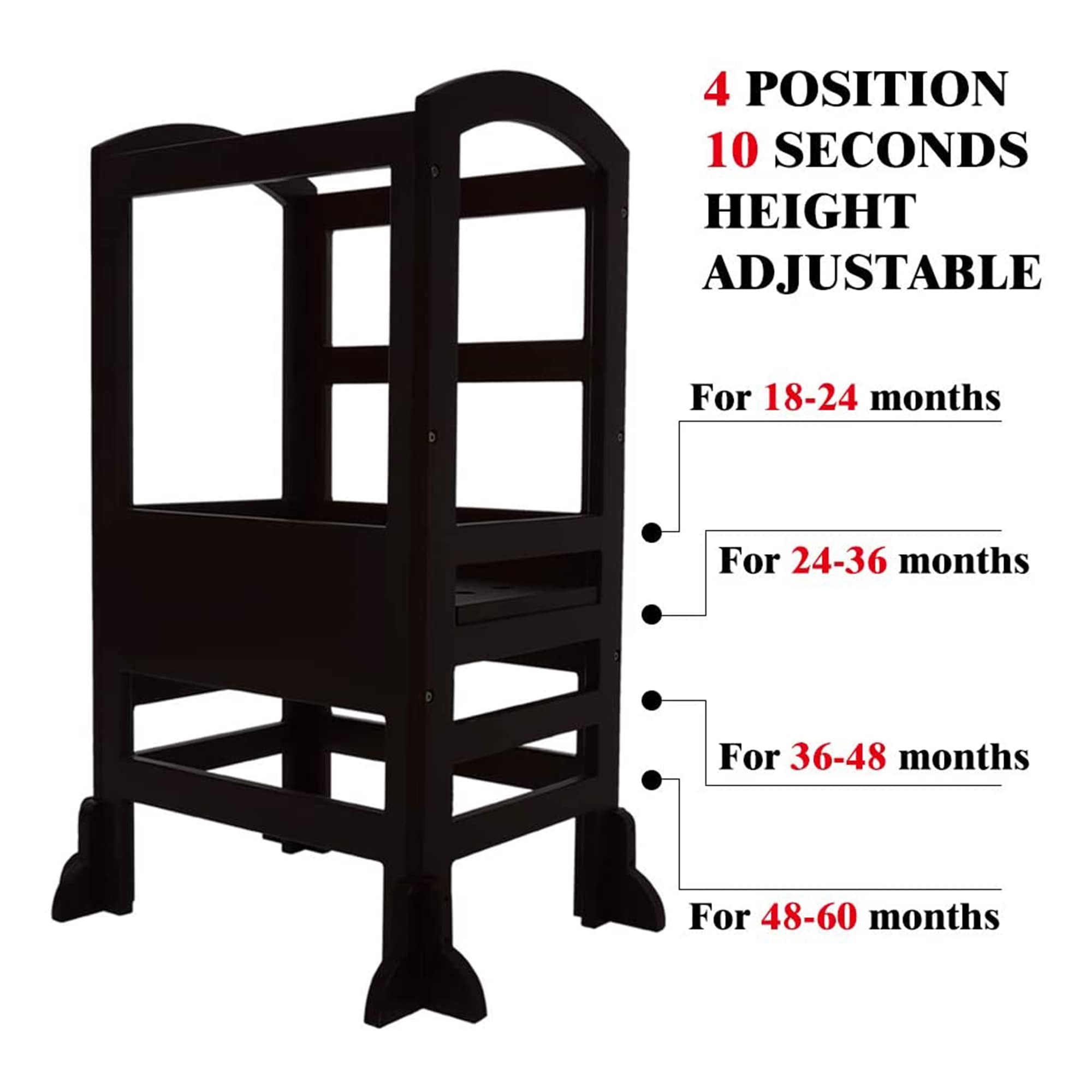 SDADI LT02B Adjustable Height Kids Kitchen Step Stool - 4-Level Learning Tower for Toddlers & Children - Safe for Kitchen, Bathroom & Playroom - Black (Perfect for Cooking, Washing Hands & Playtime)