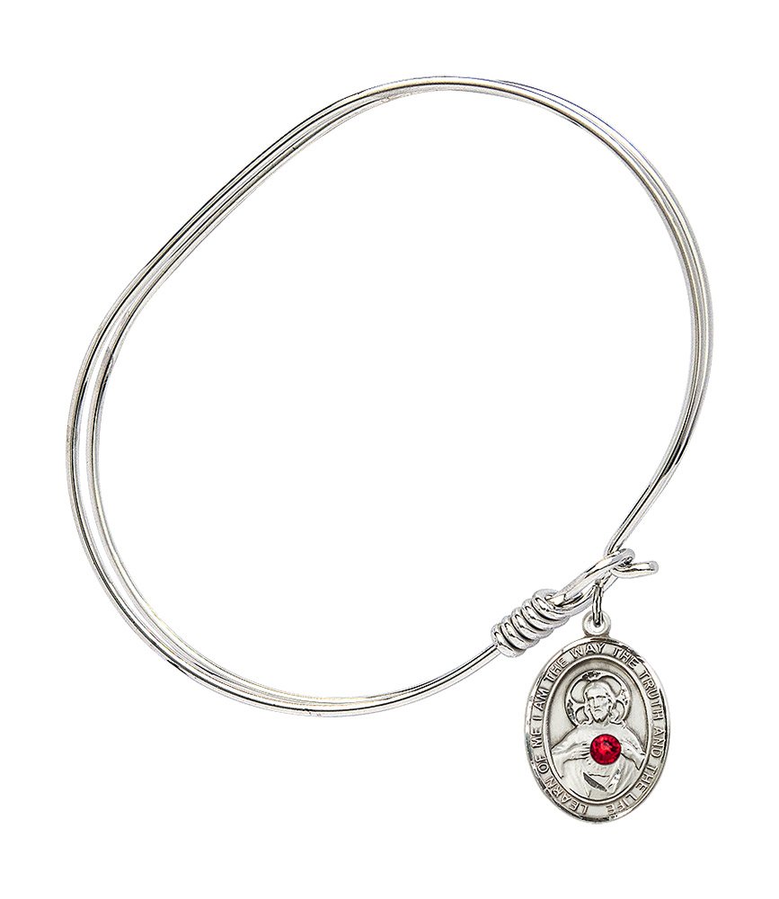 7 Inch Oval Eye Hook Bangle Bracelet with Scapular Medal Charm & July Red Crystal - Elegant Jewelry for Women, Perfect for Daily Wear, Parties, and Gifts