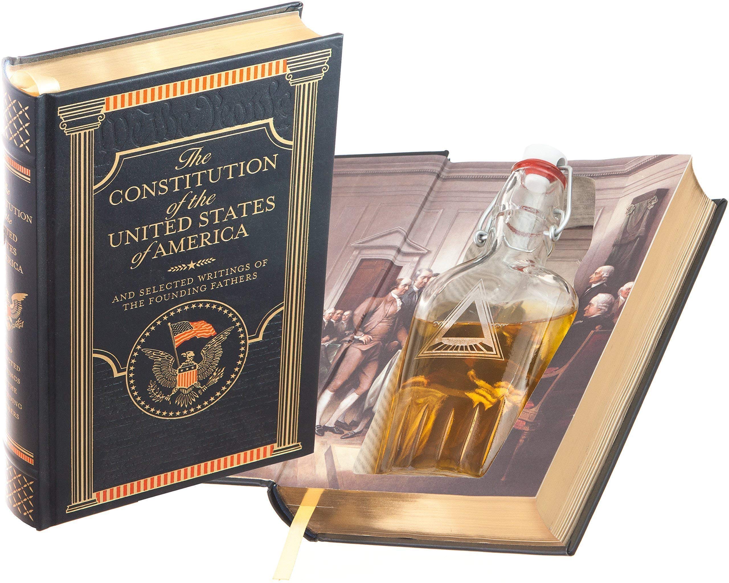 Leather-Bound Flask Hollow Book - The Constitution of the United States of America with Magnetic Closure | Secret Storage for Liquor, Gifts & Home Decor