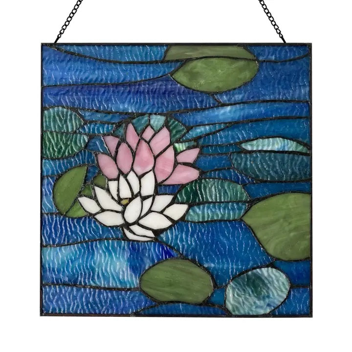 Stained Glass Lotus Pond Wall Art - Handmade Decorative Panel for Home, Office & Garden Decor - Perfect for Windows, Doors & Interior Design