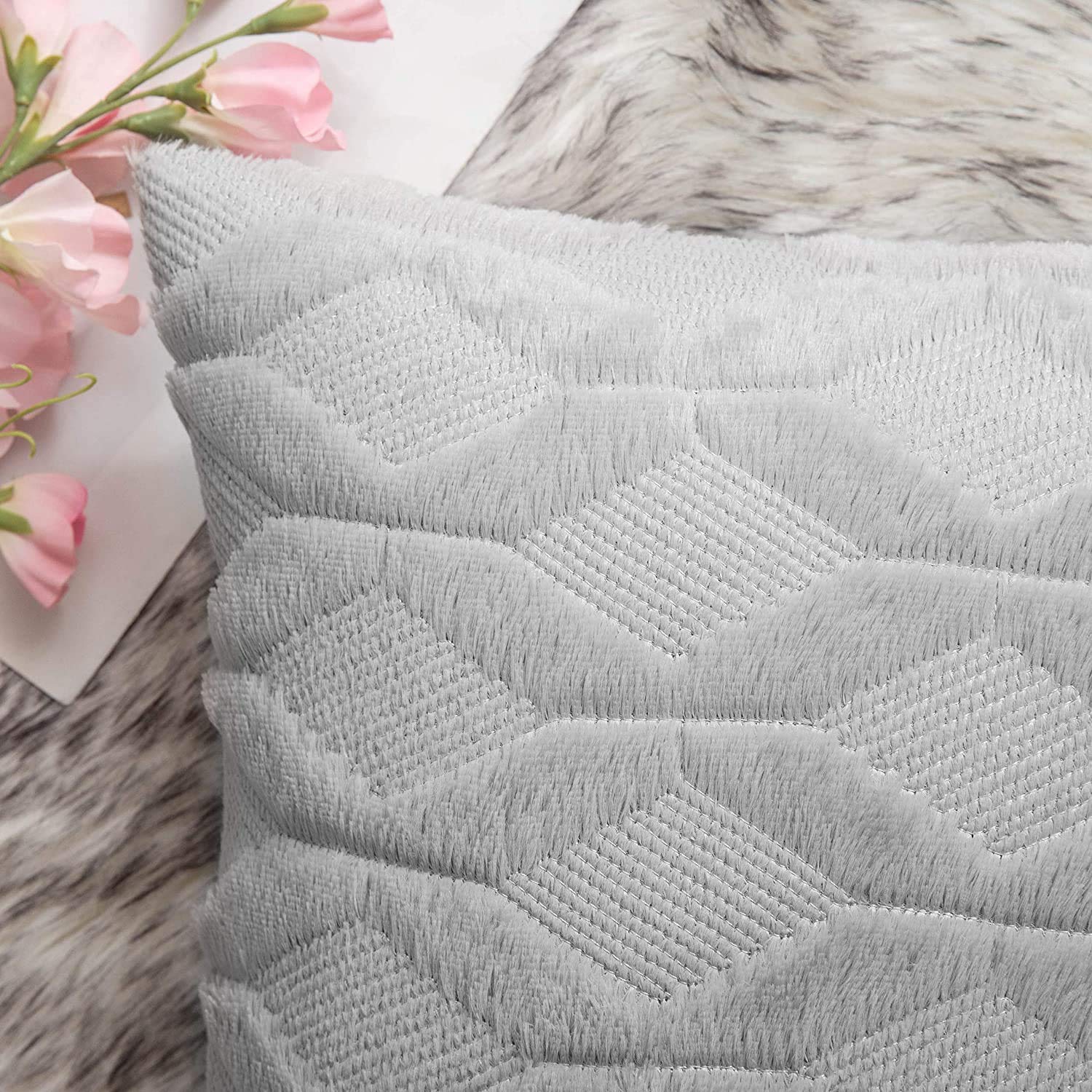 MIULEE Light Gray Throw Pillow Covers 16x16 Set of 2 - Soft Plush Farmhouse Decorative Pillow Cases with Boho Shell Design for Couch, Sofa, Bedroom & Living Room - Cozy Winter Home Decor Accents