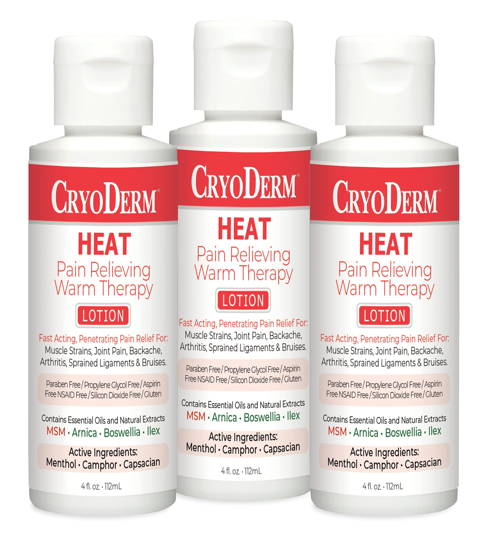 CryoDerm Heat Warming Lotion 4oz (3-Pack) - Muscle Pain Relief & Joint Therapy for Athletes & Active Lifestyles - Post-Workout Recovery & Cold Weather Comfort