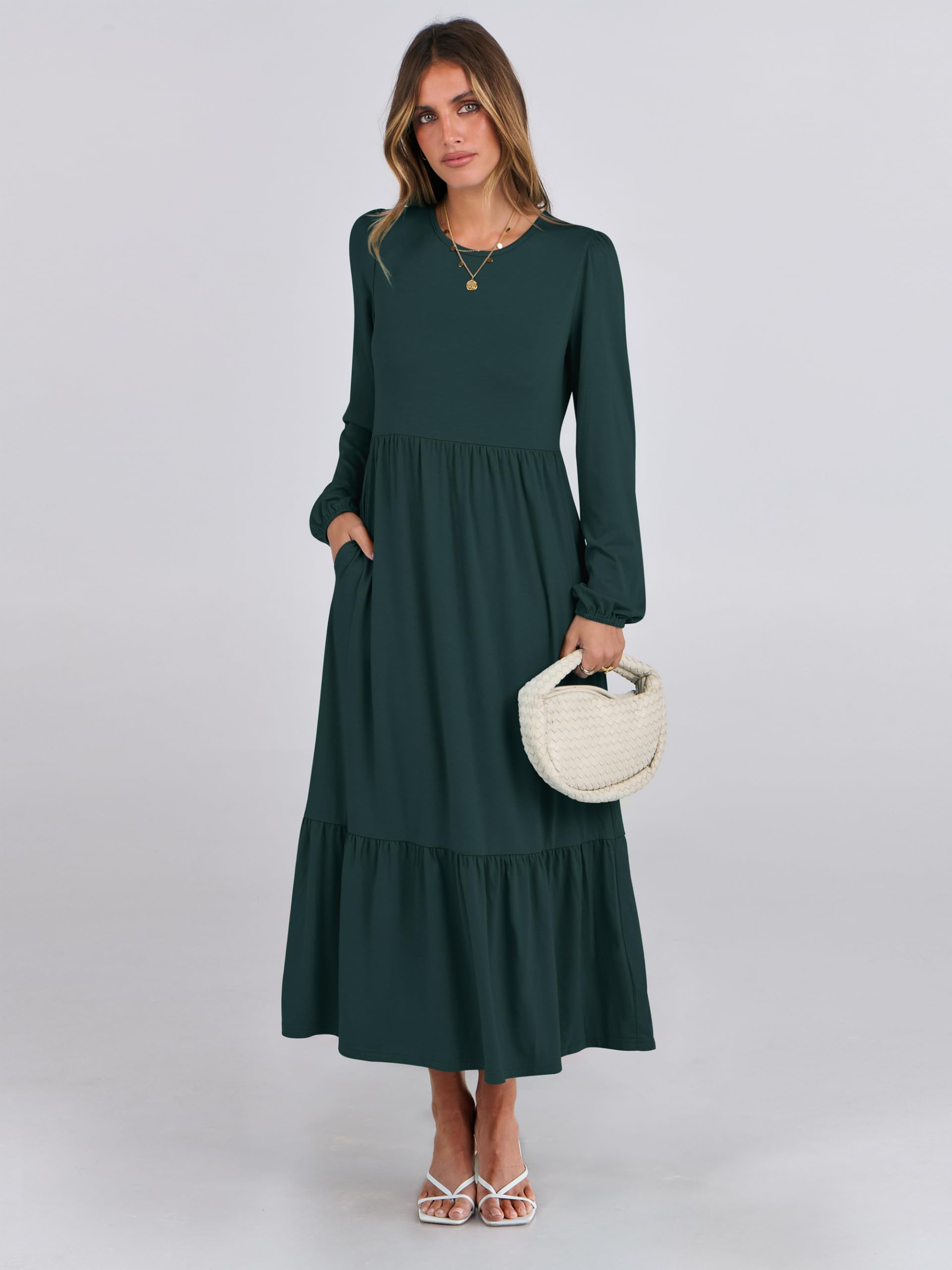 ANRABESS Women's Casual Long Sleeve Midi Dress - 2025 Spring Crewneck A-Line Tiered Flowy Loose Dress with Pockets | Trendy Everyday Wear for Work, Date Night & Vacation