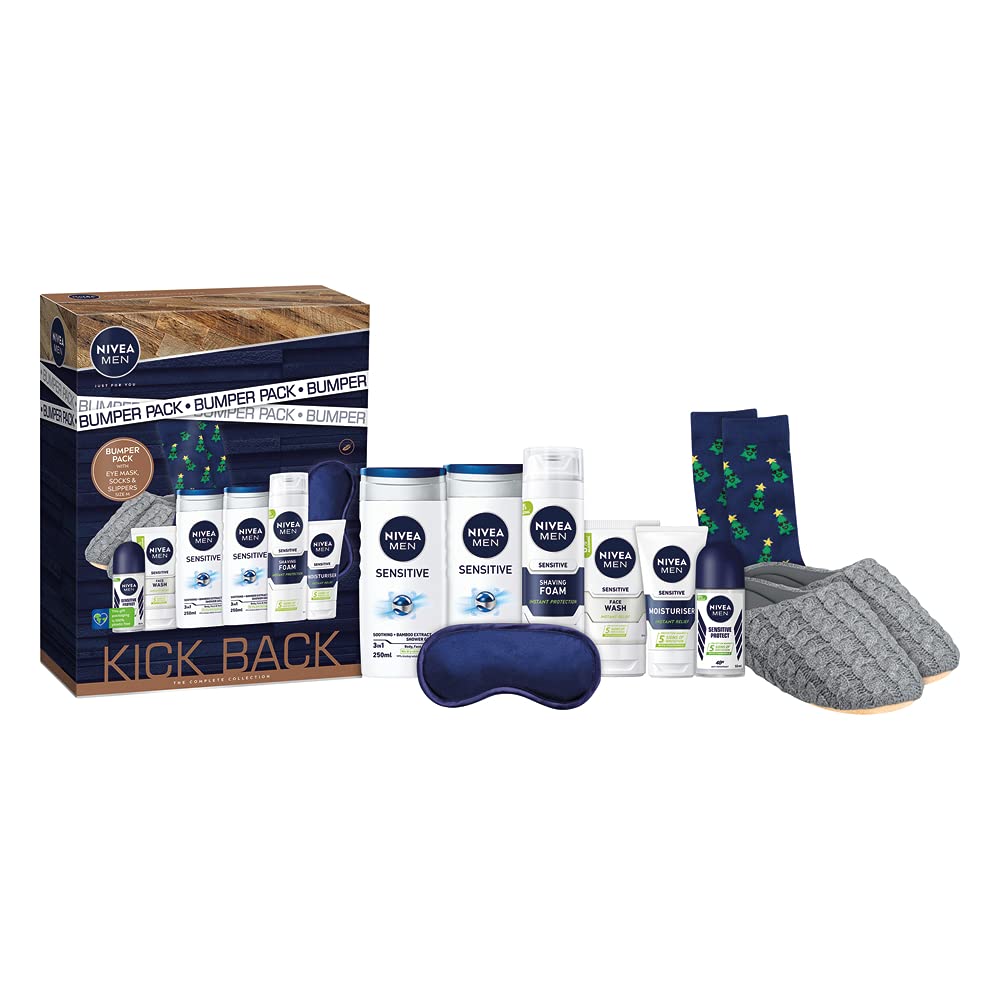 NIVEA MEN Kick Back Bumper Pack (5-Piece) Sensitive Skin Gift Set for Men - Includes Deodorant, Face Wash, Aftershave Balm, Moisturizer & Shower Gel - Perfect for Travel, Gifts & Daily Skincare Routine