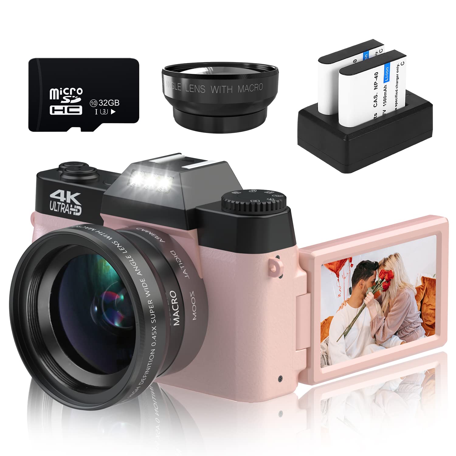 VETEK 4K 48MP Digital Camera for Photography & Vlogging - 16X Zoom, Manual Focus, Wide-Angle & Macro Lens - Includes 32GB Card & 2 Batteries (Pink) - Perfect for Travel, YouTube Videos & Student Photography Projects