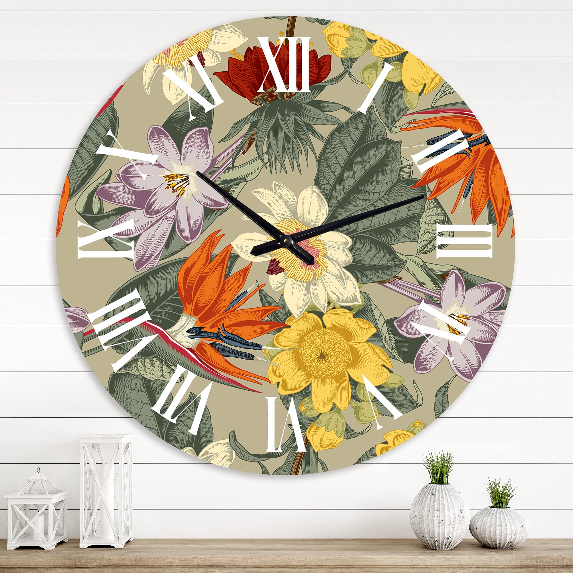 Vintage Floral Wall Clock - Large Orange & Yellow Exotic Flowers Design for Bedroom, Living Room, Office Decor | Silent Non-Ticking Traditional Clock | Perfect Home & Gift Idea