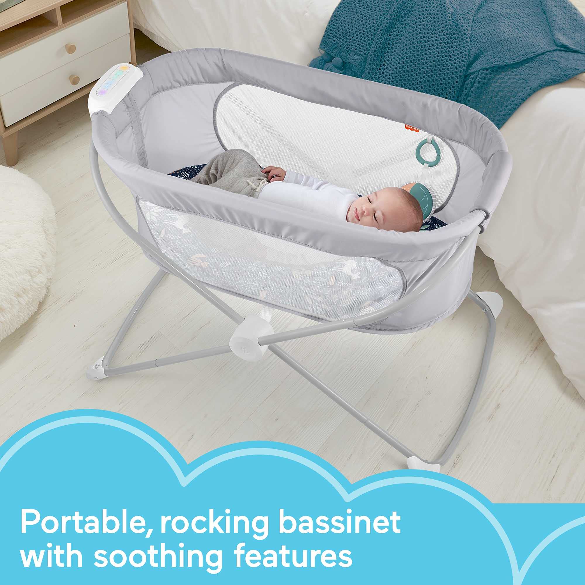Fisher-Price Portable Baby Crib with Soothing Music & Vibration, Slim Fold Travel Bassinet for Newborns 0+ Months - Moonlight Forest | Perfect for Nursery, Bedroom & On-the-Go Parenting