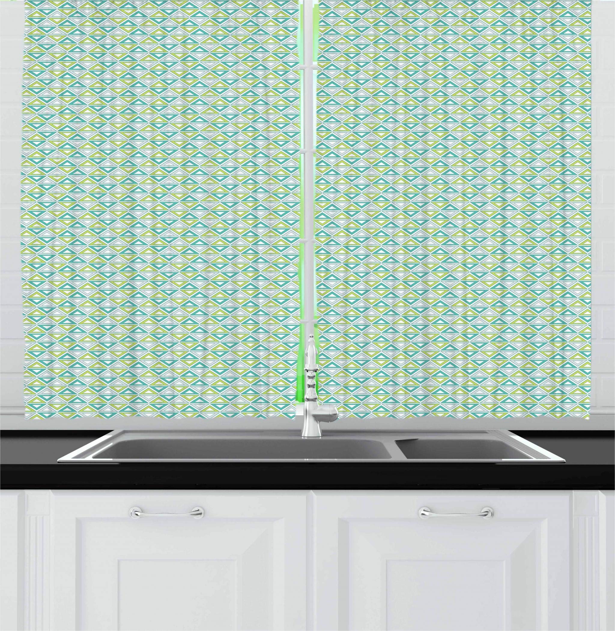 Lunarable Pastel Kitchen Curtains Set of 2 - Geometric Triangle Border Window Drapes for Kitchen & Cafe Decor, 55 x 39 Inches, Turquoise Lime Green & Pale Grey - Perfect for Farmhouse, Modern & Boho Style Kitchens