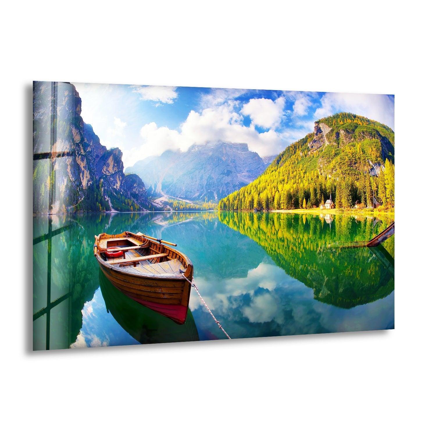 Autumn Boat on Lake Glass Wall Art - Handmade Landscape Painting for Home & Office Decor - Perfect for Living Room, Bedroom, or Office Wall Decor