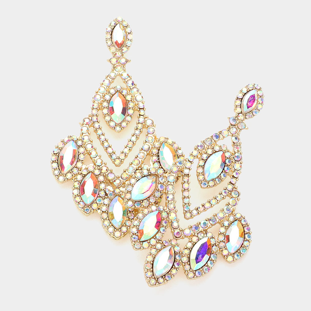 Elegant AB Marquise & Round Stone Chandelier Earrings in Gold | Sparkling Prom Pageant Jewelry | Perfect for Weddings, Dances & Special Occasions