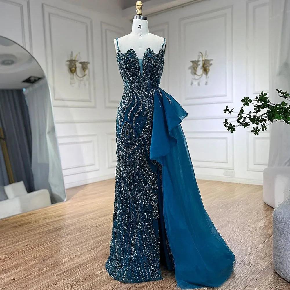 Elegant Sage Green Spaghetti Strap Mermaid Evening Dress with Detachable Overskirt LA72378 - Perfect for Prom, Wedding Guest & Formal Events