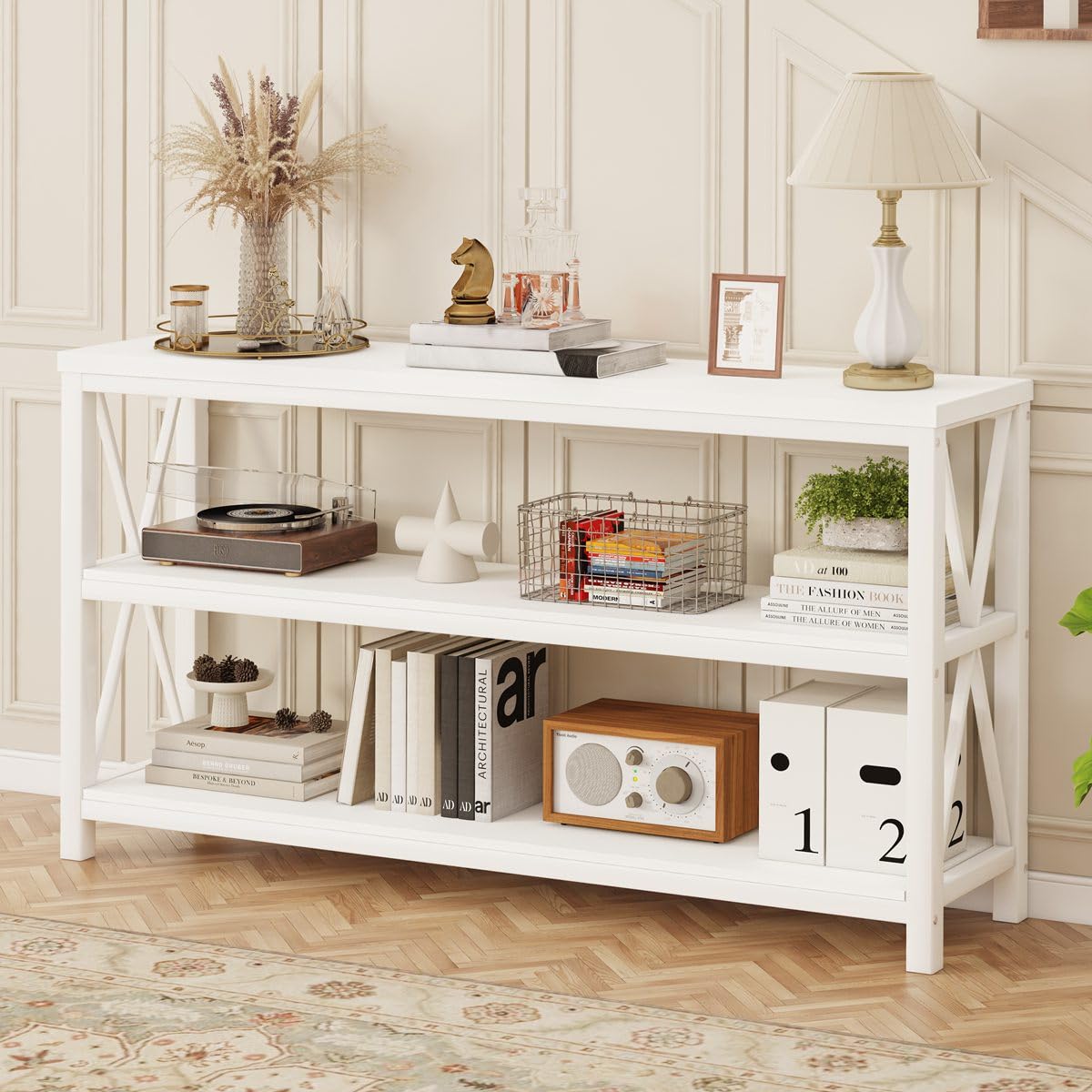 FATORRI 55 Inch Rustic White Oak Console Table with 3 Tier Shelves - Entryway Sofa Table, Modern Hallway & Living Room Furniture for Home Decor | Perfect for Small Spaces, Apartments & Farmhouse Style
