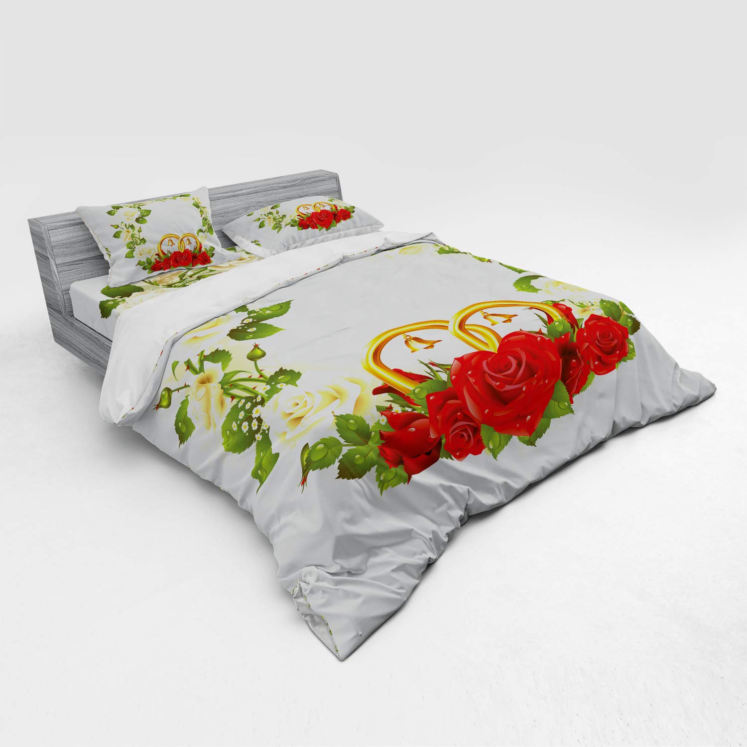 Ambesonne Wedding Bedding Set 4-Piece King Size - White & Red Rose Floral Duvet Cover with Pillow Shams & Fitted Sheet - Romantic Marriage Celebration Bedroom Decor for Honeymoon & Anniversary Gifts