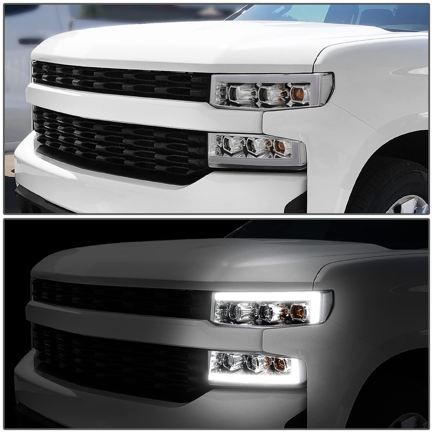 DNA MOTORING LED Light Bar Headlights for 19-22 Silverado 1500 - Chrome/Clear - Off-Road Lighting Upgrade