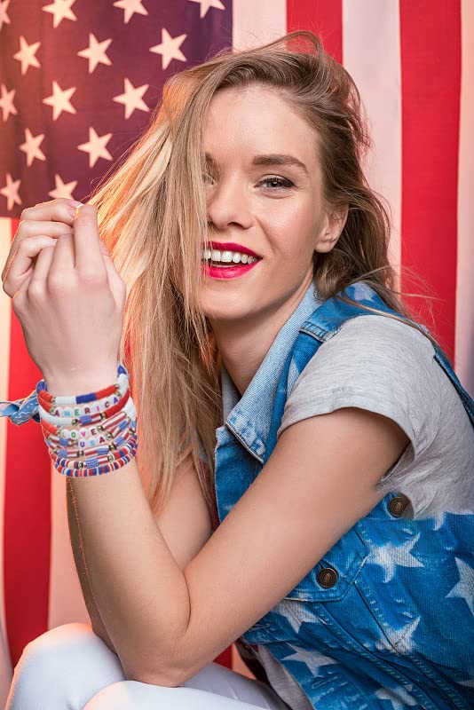 Cooluckday 4th of July Patriotic Bracelets - American Flag Surfer Bracelets for Women & Girls | Stackable Clay Friendship Bracelets with Rainbow Colors | Perfect for Independence Day, Beach Parties & Gift Giving