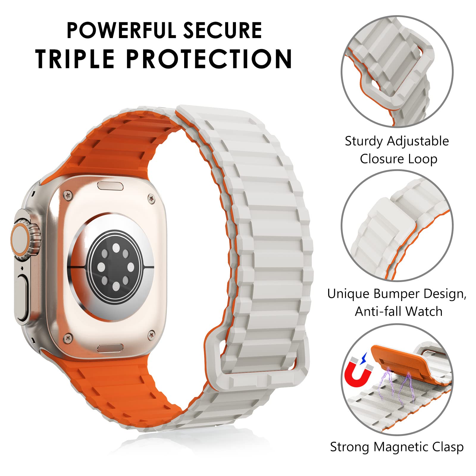 Premium Magnetic Silicone Sport Band for Apple Watch Series 9/8/7/6/5/4/3/SE/Ultra 2 - Compatible with 38mm/40mm/41mm/42mm/44mm/45mm/49mm - Adjustable Strong Strap for Men & Women - Perfect for Workouts, Running & Daily Wear