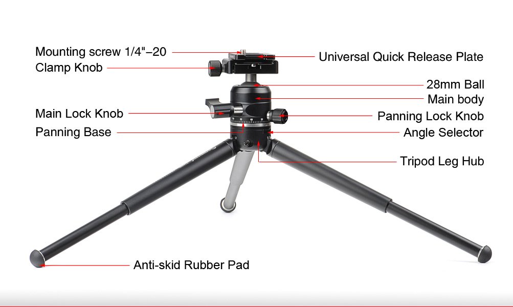 SUNWAYFOTO T1A20D-T Compact Aluminum Tabletop Tripod with XB-28 Low Profile Ball Head - 2-Section Adjustable Mini Tripod for DSLR Camera, Smartphone, Webcam - Perfect for Travel, Vlogging, Home Office & Desktop Photography
