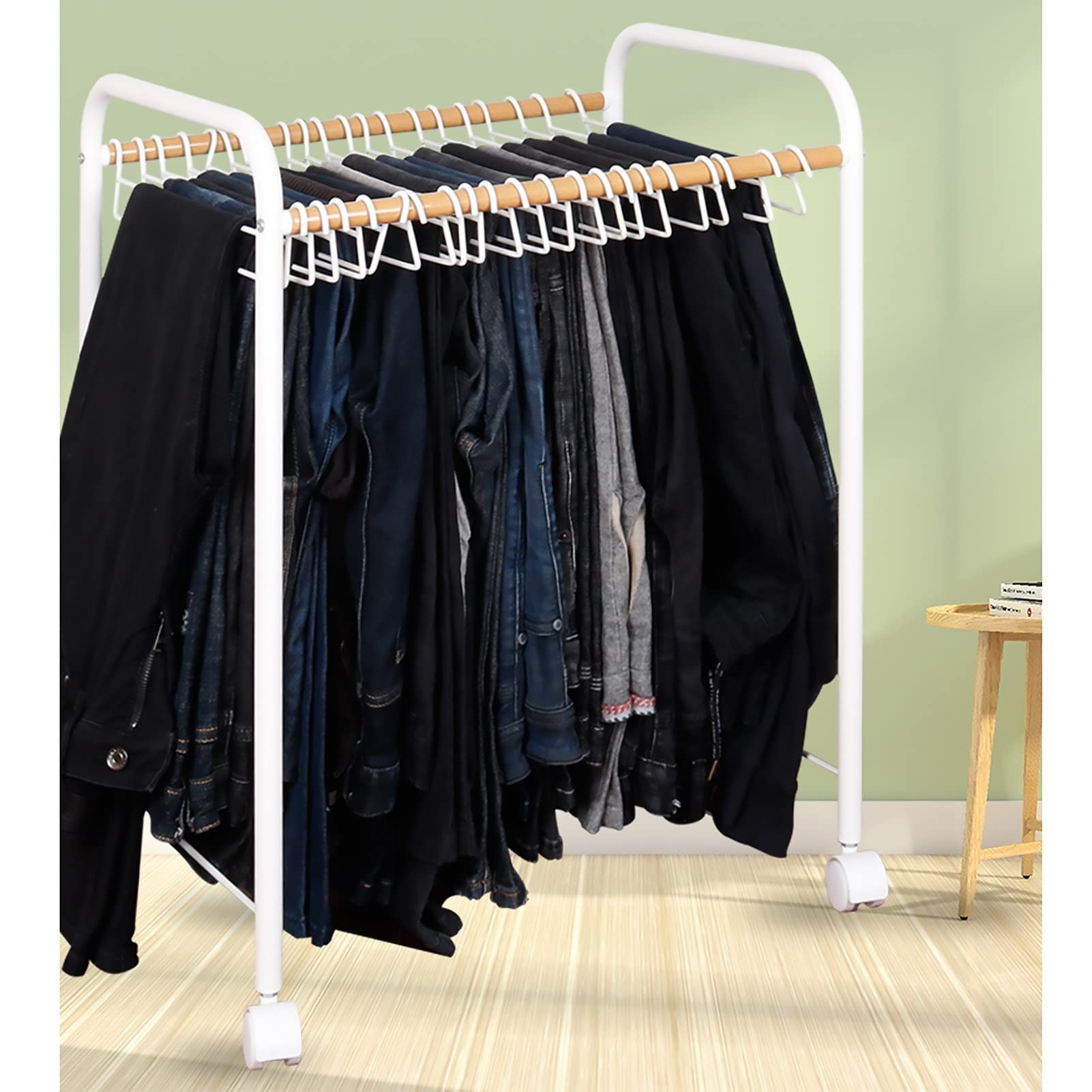 Freestanding Rolling Pants Organizer with 20 Hangers - Space Saving Closet Storage Cart for Scarves, Trousers & Jeans (White) - Perfect for Bedroom, Walk-in Closet or Laundry Room Organization