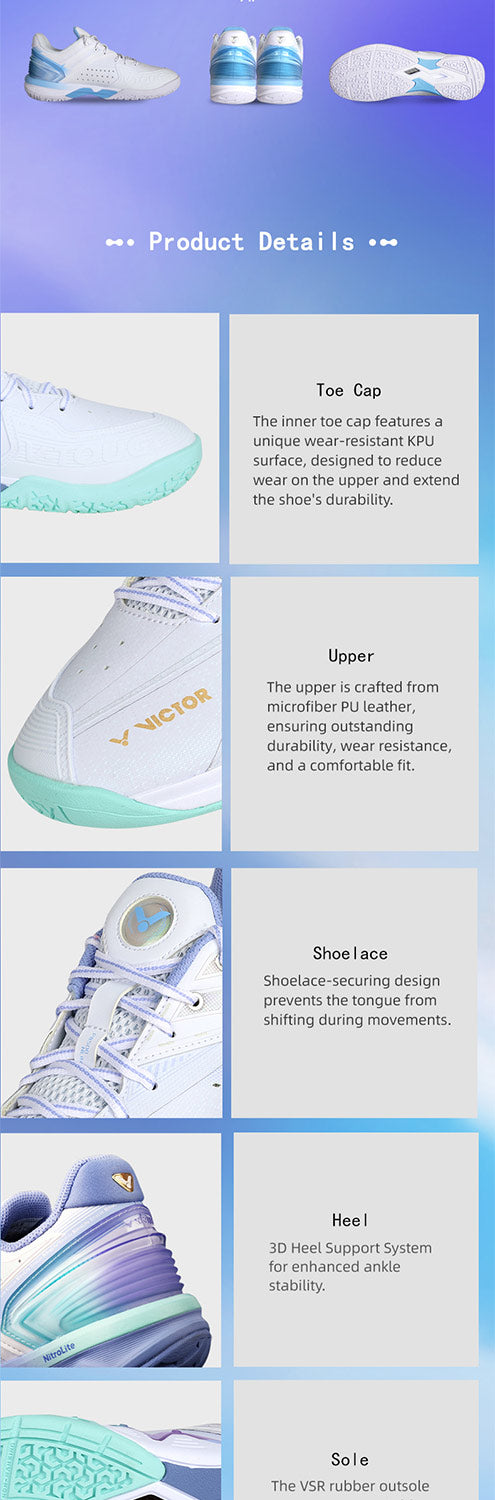 Victor P8500NLITE AT Badminton Shoes for Men & Women - Lightweight Non-Marking Indoor Court Shoes with Cushioning - Brilliant White/Blue Violet - Perfect for Badminton, Tennis, Squash & Indoor Sports