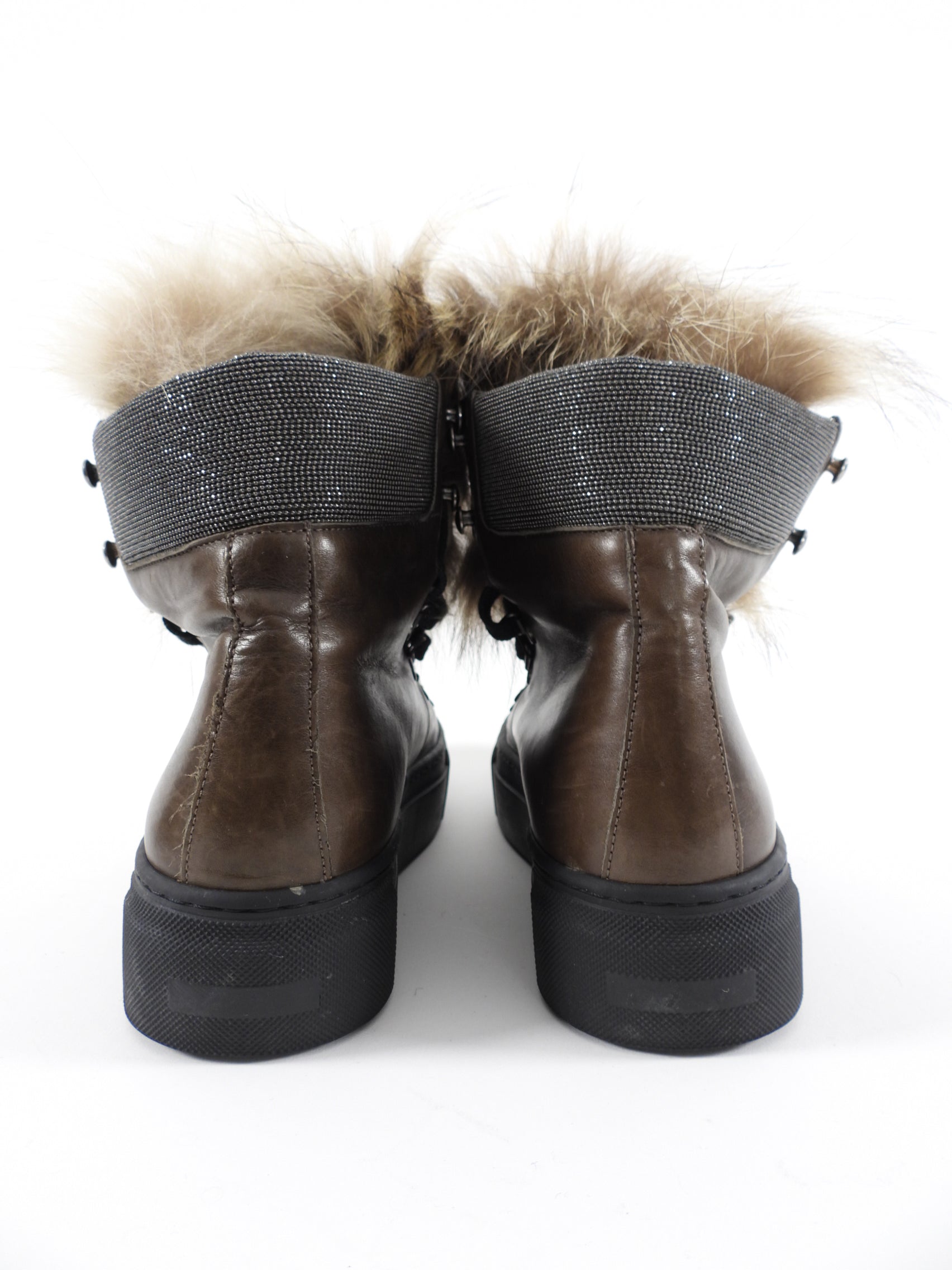 Brunello Cucinelli Brown Leather & Fur Winter Boots for Women Size 38 - Waterproof Snow Boots for Hiking, Outdoor Adventures & Cold Weather Fashion