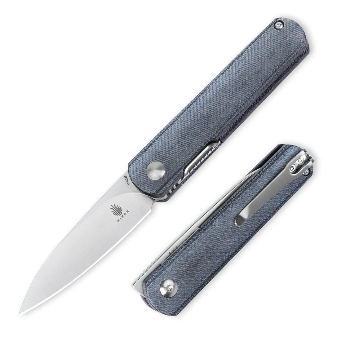 Kizer V3499C4 Vanguard Feist Folding Pocket Knife - Linerlock Front Flipper, Plain Drop Point Blade, Denim Micarta Handles - EDC, Outdoor, Camping & Survival Tool