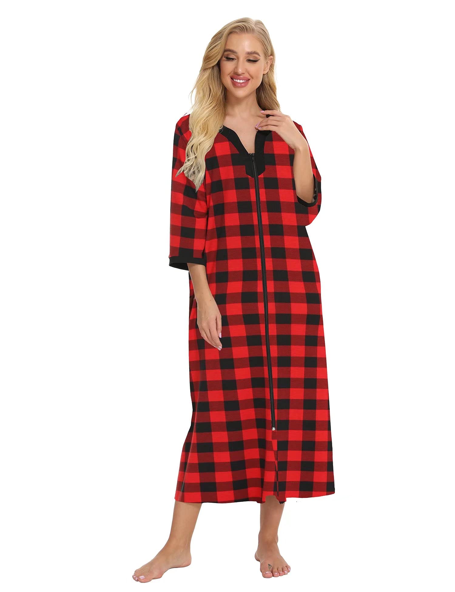 Bloggerlove Women's Zip Up Cotton Robe - Long House Coat with Half Sleeves, Comfy Sleepwear & Nightgown for Lounge, Sleep, and Relaxation at Home