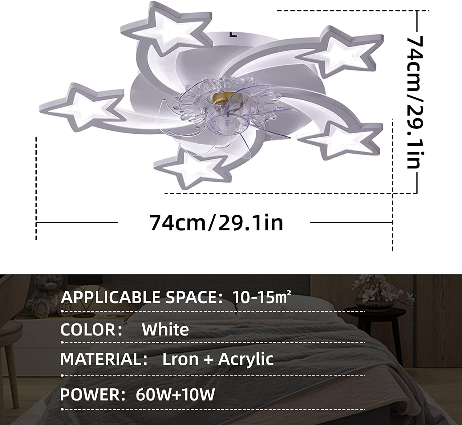 Becailyer 29-inch White LED Ceiling Fan with Lights - Modern Remote Control, 6-Speed Quiet Motor, Dimmable Star Shape Flush Mount for Living Room & Bedroom - Perfect for Home Cooling and Ambient Lighting (60W)
