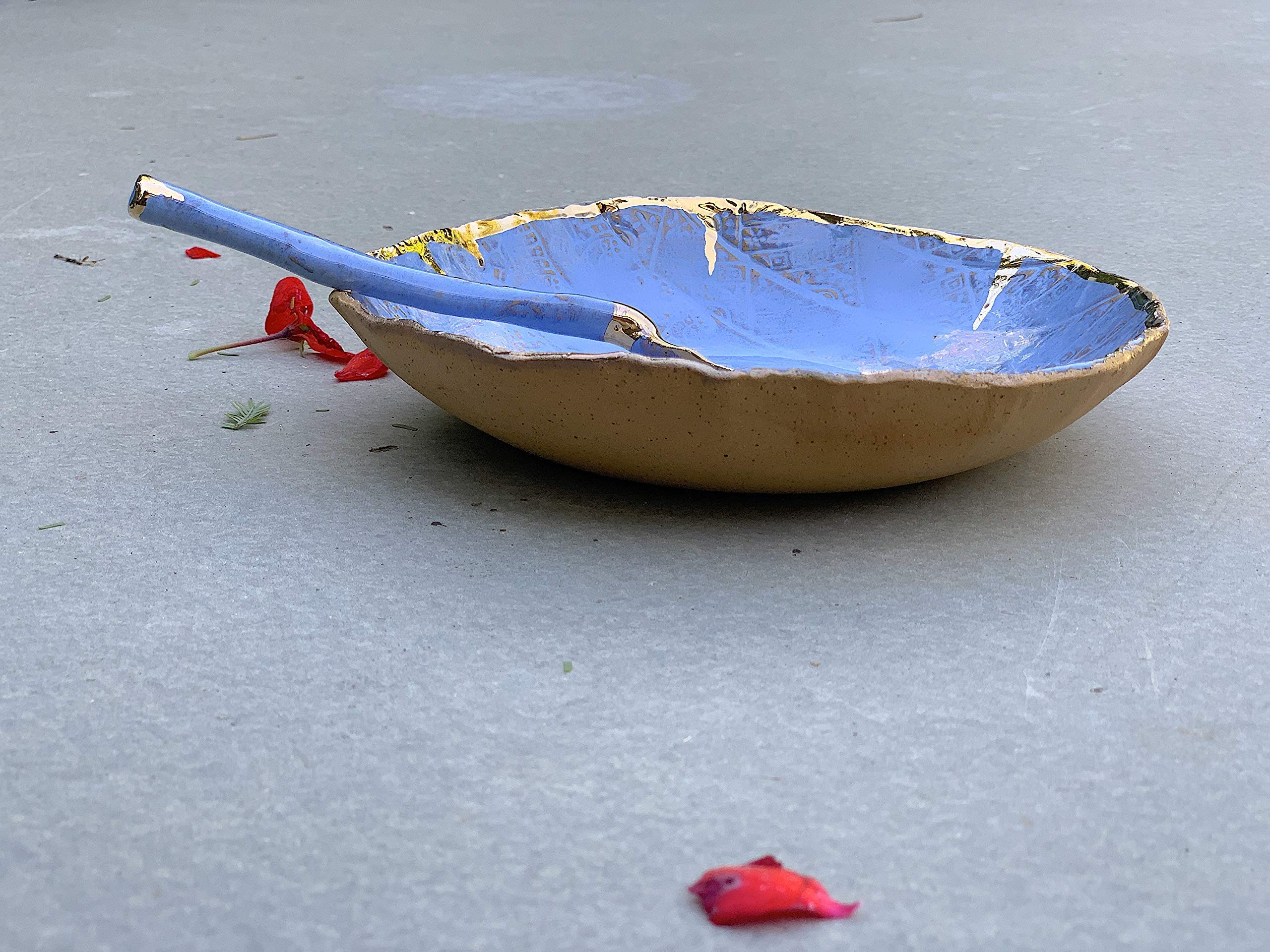 Handmade Ceramic Blue Gold and Brown Clay Bowl and Spoon Set - Artisan Kitchen Serving Dish for Soup, Salad, Dips, Cereal - Perfect for Dining, Gifts & Home Decor