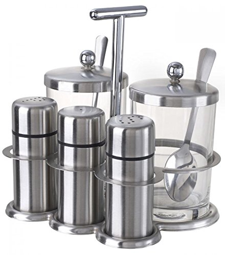 Premium Stainless Steel 5-Piece Condiment Set with Stand - Salt & Pepper Shakers, Sugar Bowl, Oil & Vinegar Bottles - Perfect for Dining Table, Kitchen Counter, Restaurant, or Gift
