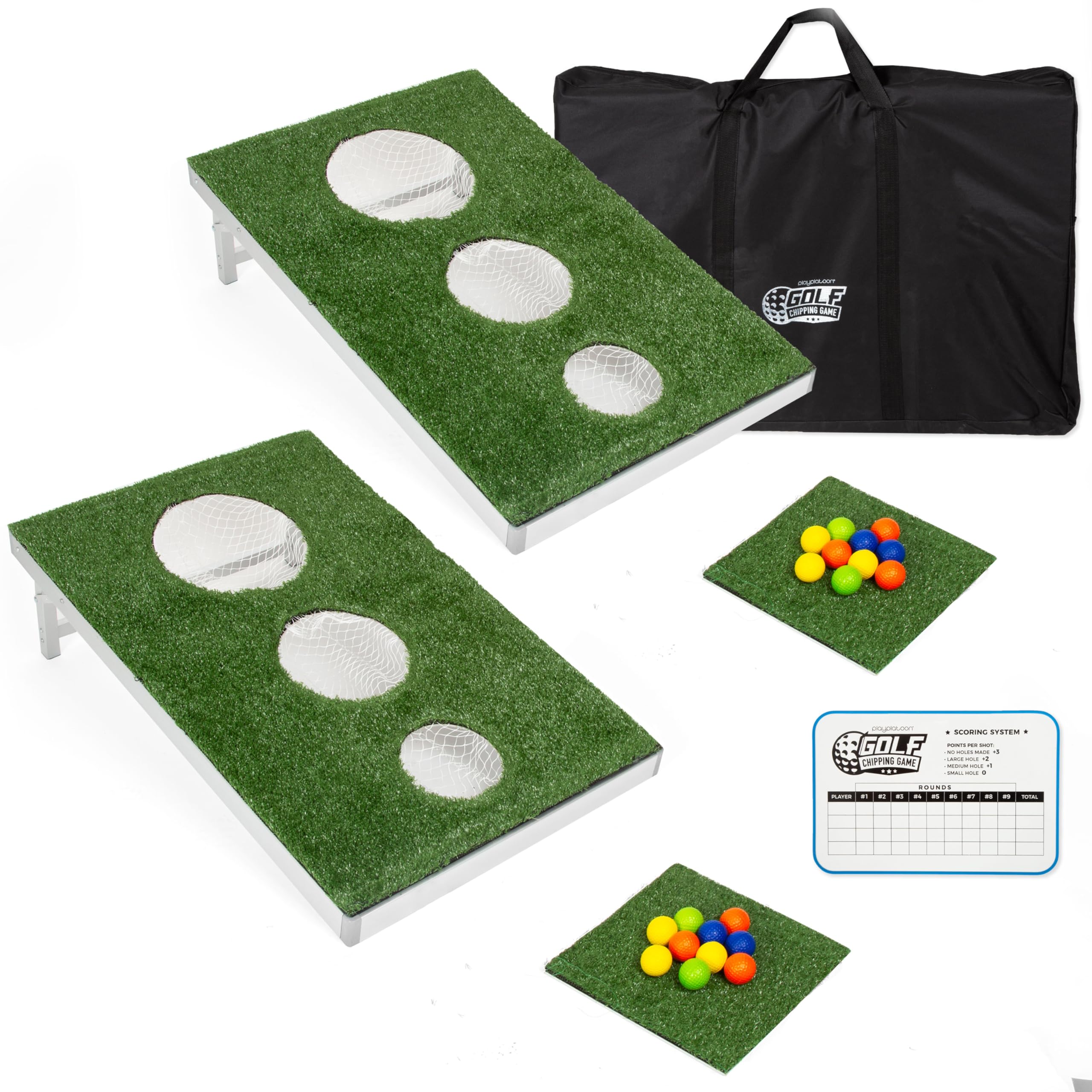 Play Platoon Golf Cornhole Game Set - Portable Backyard Golf Chipping Practice with 20 Foam Balls, Chip Mat, Carry Bag & Scoreboard - Perfect for Outdoor Parties, Tailgating and Family Fun