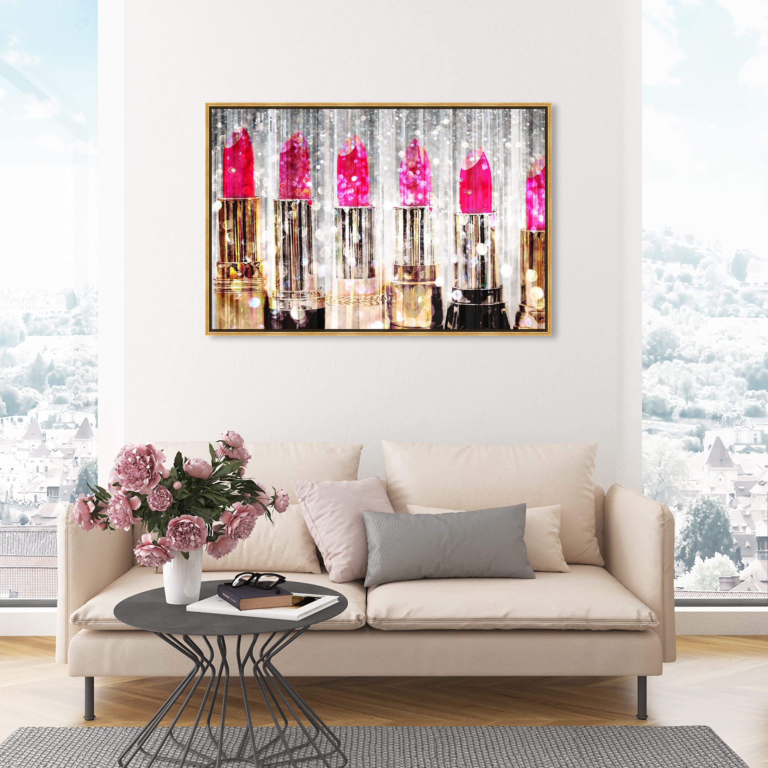 Oliver Gal Artist Co. Modern Gold Framed Canvas Wall Art - Fashion & Glam Lipstick Collection in Pink & Gold (45x30 inches) - Perfect for Living Room, Bedroom & Bathroom Decor | Elegant Home Accent for Women's Spaces & Makeup Vanities
