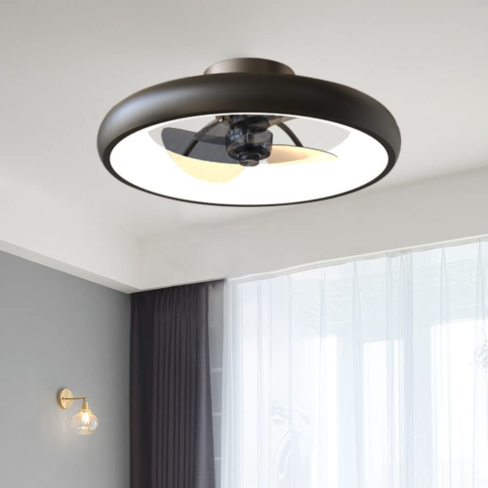 Dimmable LED Ceiling Fan with Lights - 5 Invisible Reversible Blades, Remote Control & Timer - Semi Flush Mount Low Profile (18.9 Inches, Black) - Perfect for Bedroom, Living Room & Office