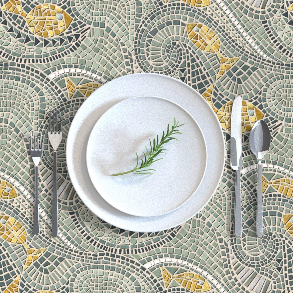 Custom Mosaic Fish Gray Tiles Sea Ocean Historical Nautical Print Cotton Sateen Tablecloth 70