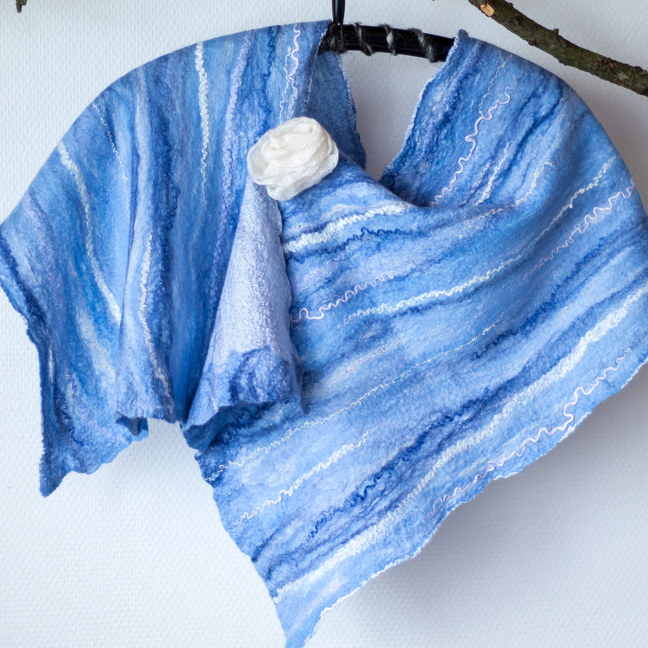 Blue Nuno Felt Scarf for Women - Warm Woolen Stole, Fashion Silk Scarf & Evening Shawl - Perfect for Autumn and Spring Wear | Office, Date Night, Travel Accessory