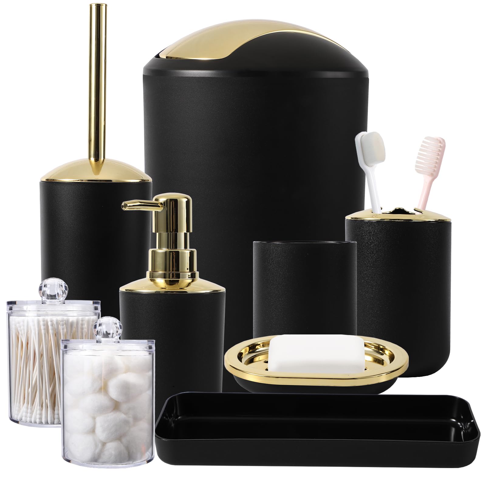 Premium 9-Piece Black & Gold Bathroom Accessories Set - Modern Soap Dispenser, Toothbrush Holder, Toilet Brush with Stand, Waste Bin, Soap Dish, Tumbler & Organizer Tray | Luxury Spa-Style Vanity Decor for Master Bath, Guest Bath & Powder Room