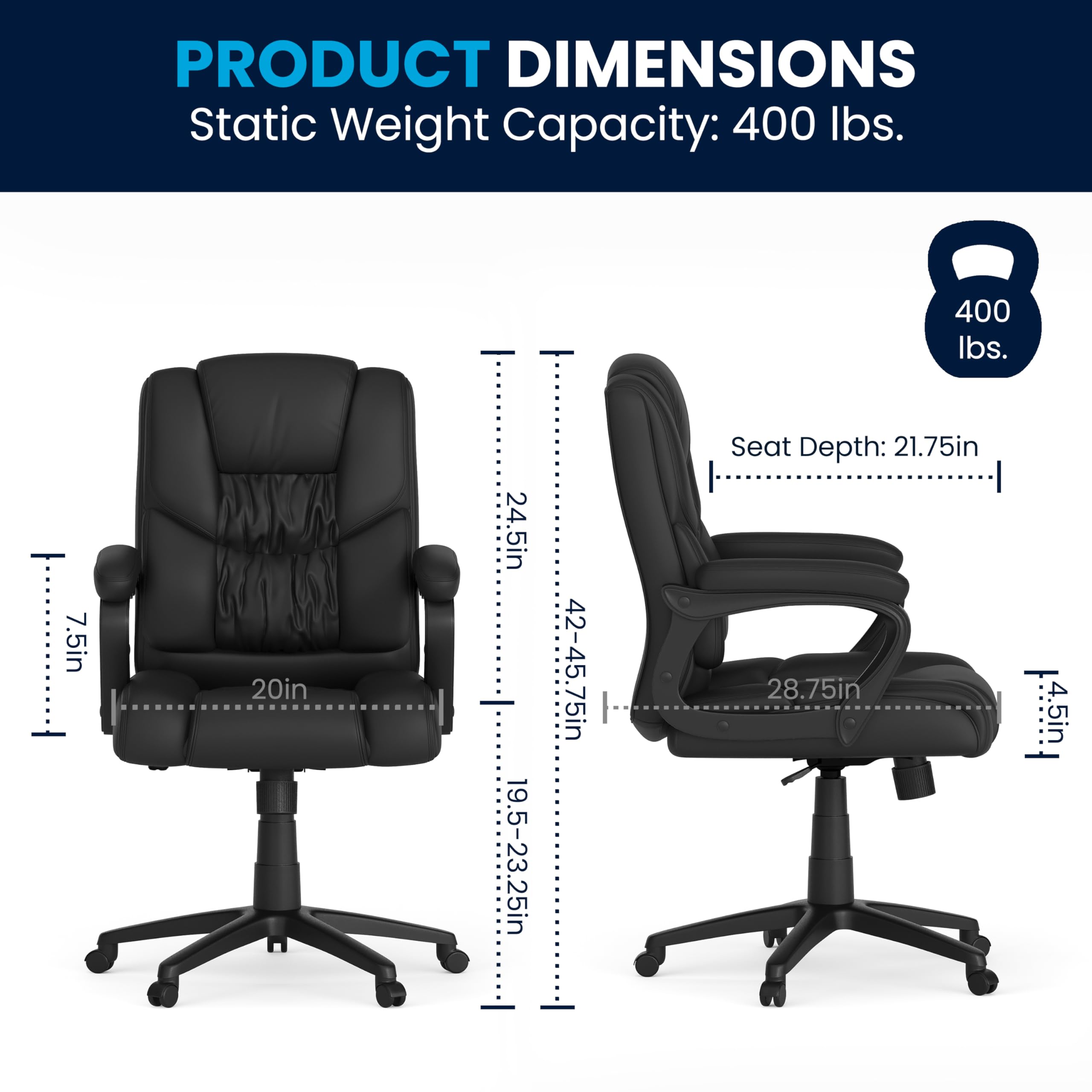 EMMA + OLIVER Big & Tall 400 lb Capacity Black LeatherSoft Executive Office Chair - Heavy Duty Ergonomic Desk Chair for Home & Office Workspaces