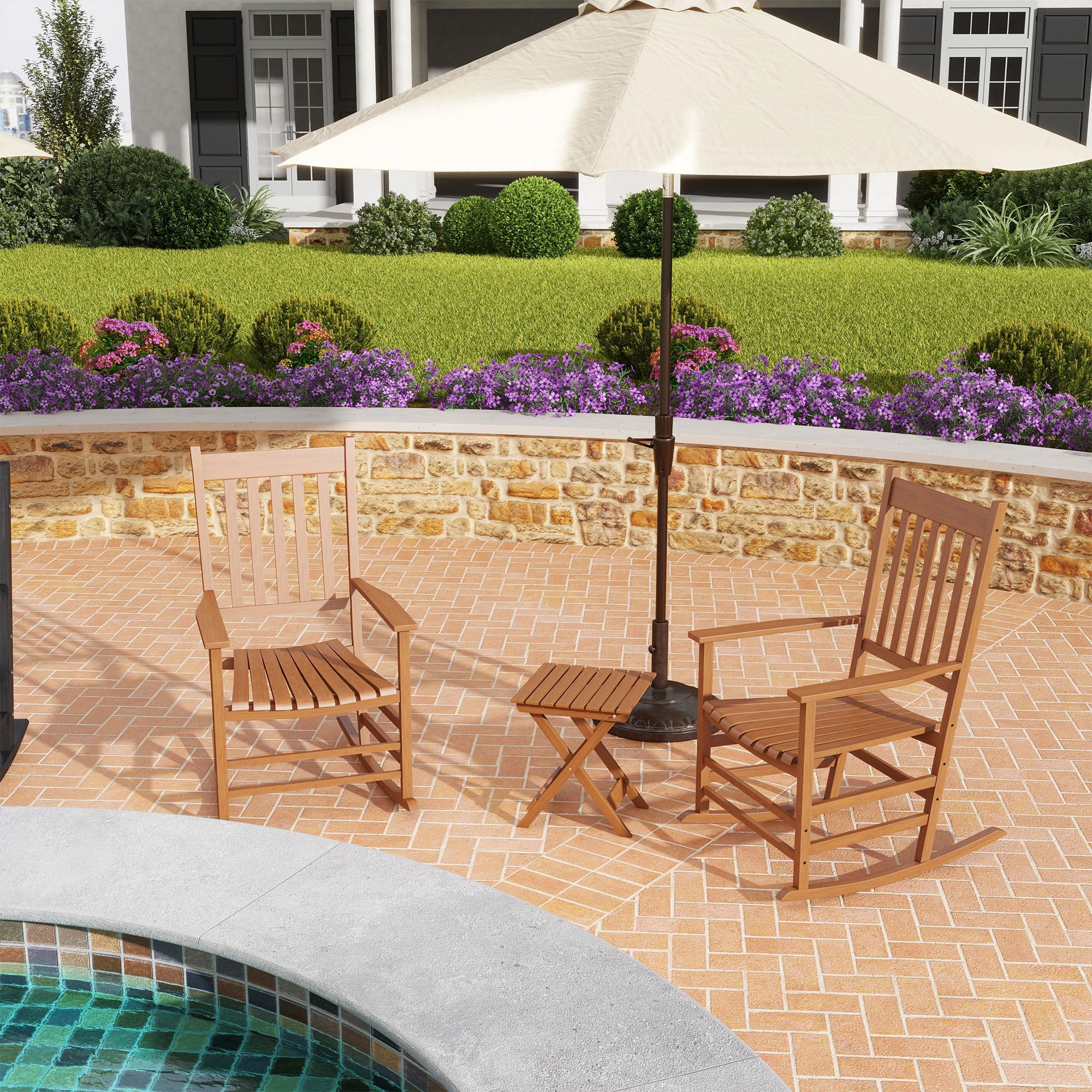 Outsunny Teak Wooden Rocking Chair Set with Foldable Side Table - Outdoor Rocker Chairs with Curved Armrests, High Back & Slatted Seat - Supports 352 lbs - Perfect for Garden, Balcony, Porch, Patio & Backyard Relaxation