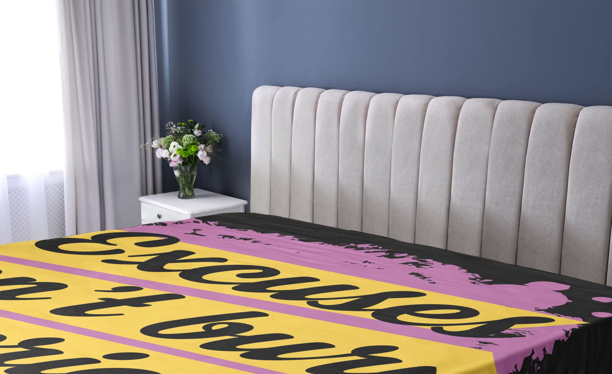 Ambesonne Fitness Fitted Sheet Queen Size - Motivational Workout Quote 'Excuses Don't Burn Calories' with Modern Design, Deep Pocket All-Around Elastic for Secure Fit, Lilac Yellow Black - Perfect for Home Gym, Yoga Studio & Fitness Enthusiast Bedrooms