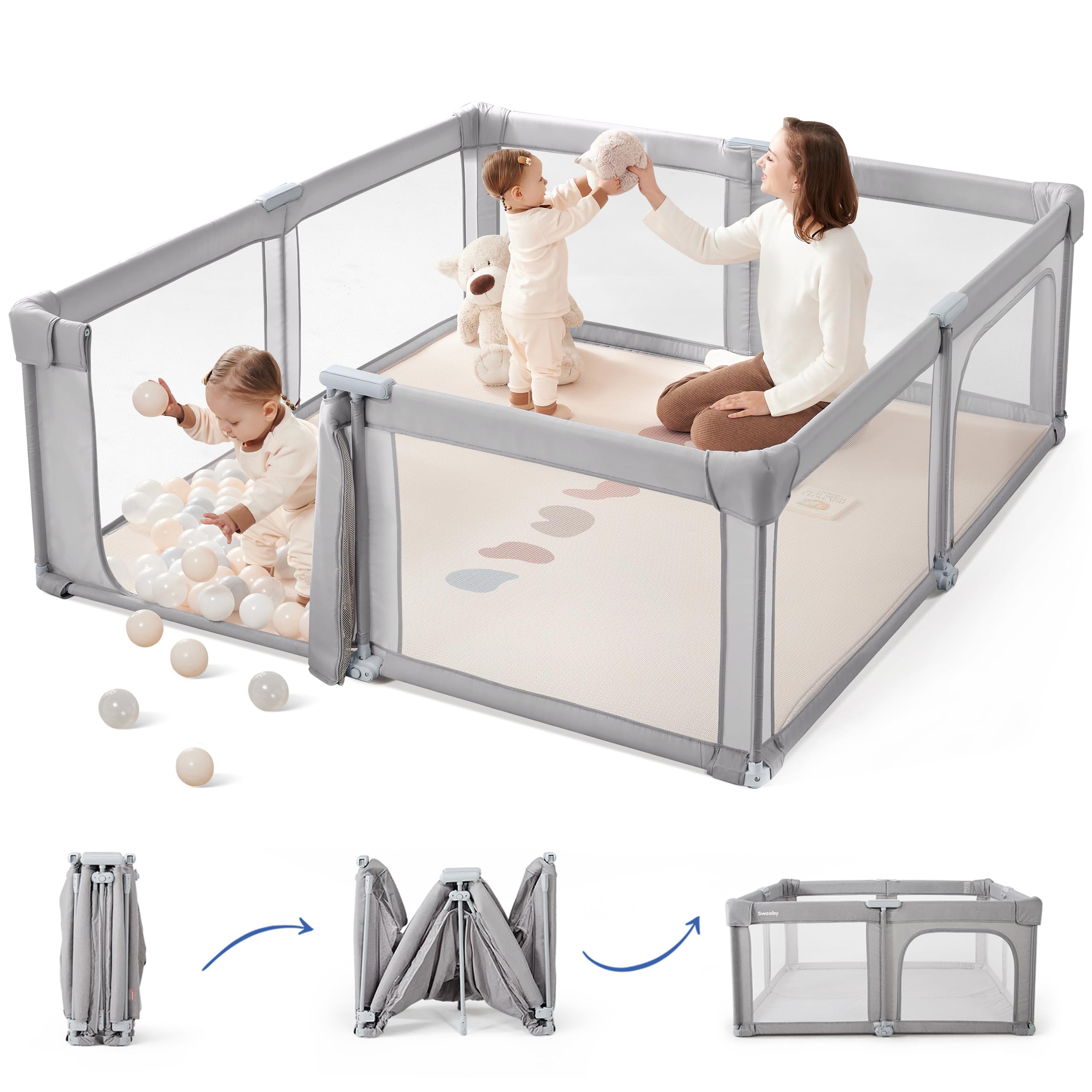 Sweeby Baby Playpen - 59x59 Inch Extra Large Foldable Play Yard with Door for Babies & Toddlers | Indoor & Outdoor Safety Fence | Perfect for Home, Park, and Travel | Gray