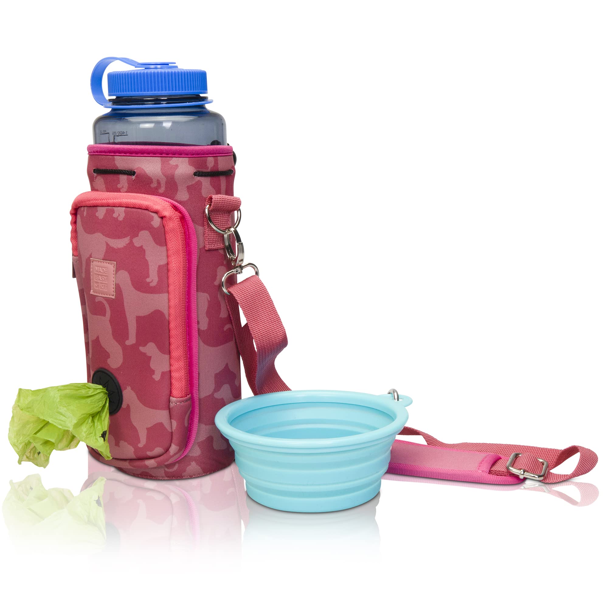 **Adjustable Padded Shoulder Strap Dog Water Bottle Carrier with Pocket for Waste Bags – Tall & Large (40oz) Includes Bowl, Pink with Dog Silhouettes – Perfect for Hiking, Walking & Outdoor Adventures**