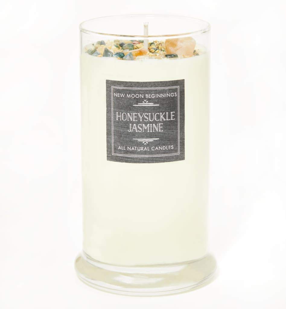 New Moon Beginnings Honeysuckle Jasmine Scented Soy Candle with Dried Flowers & Crystals | All-Natural Floral Aromatherapy Candle for Relaxation, Meditation & Home Decor