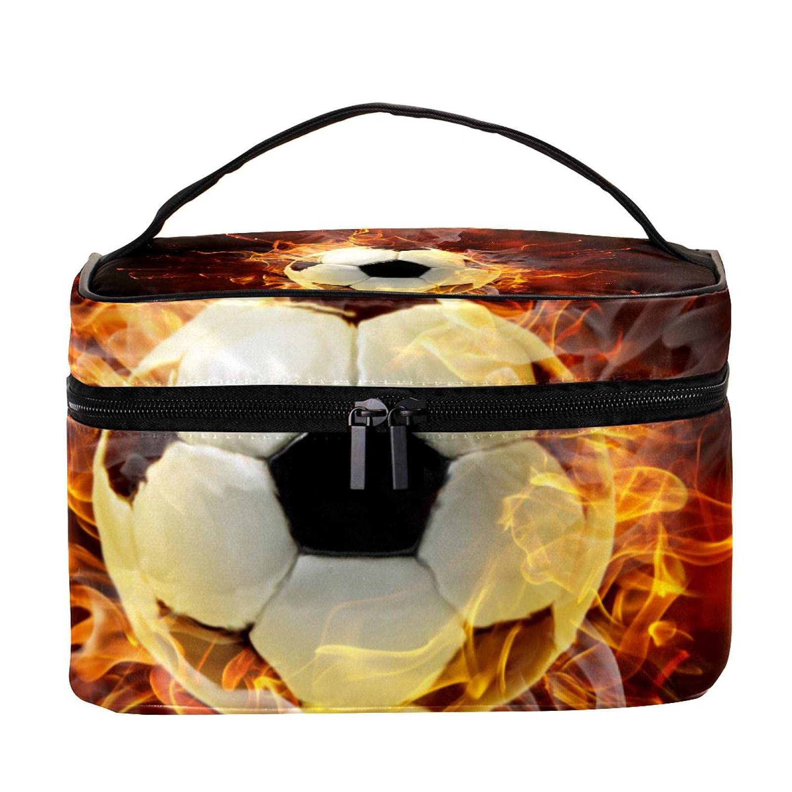 Waterproof Large Fire Burning Football Soccer Travel Makeup Bag - Cosmetic Case Organizer with Zipper for Women & Girls - Perfect for Gym, Travel, Sports & Daily Use