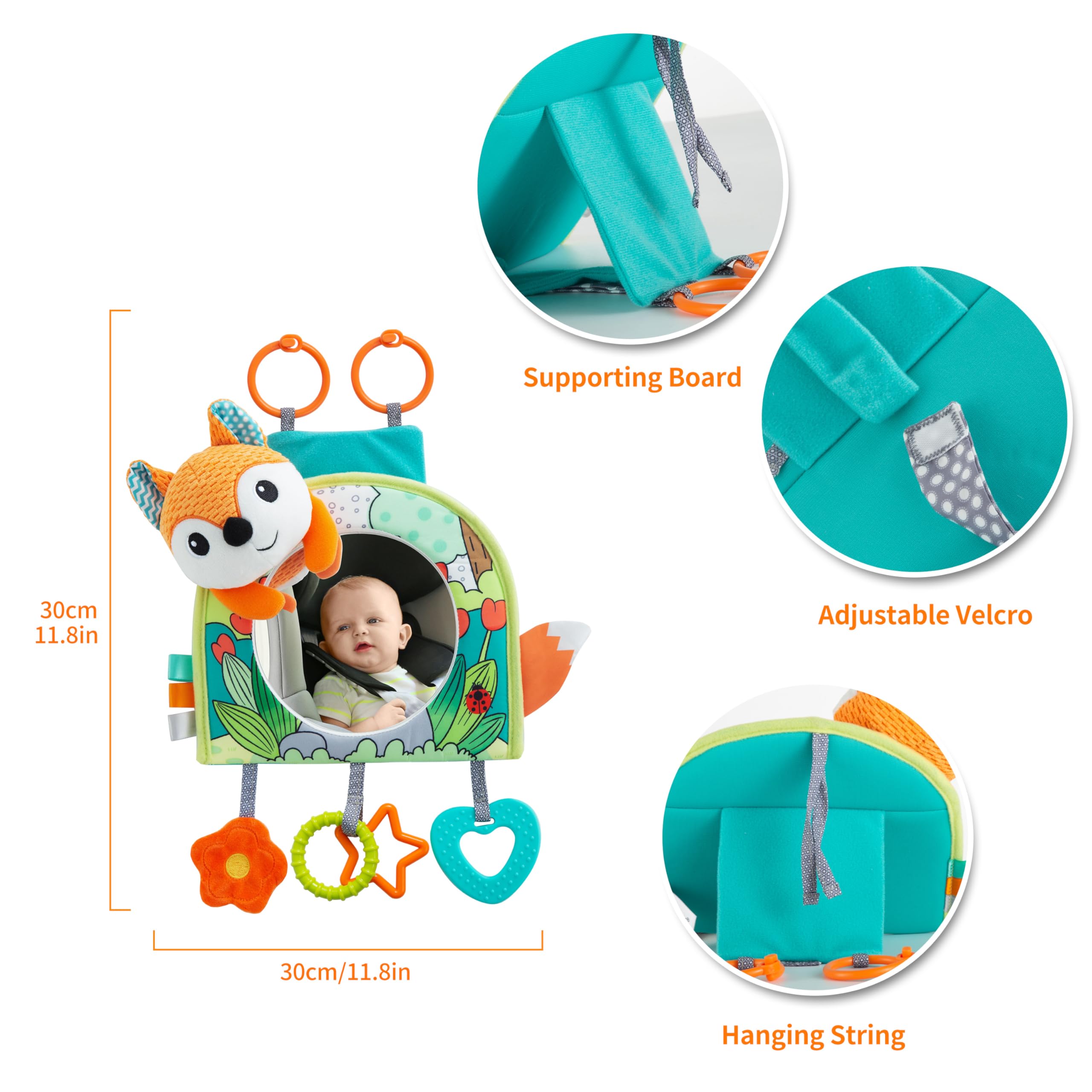 Baby Car Mirror with Hanging Toys - Rear Facing Car Seat Mirror for Infants 0-18 Months | Safe Travel Activity Center for Boys & Girls | Perfect for Road Trips & Long Drives