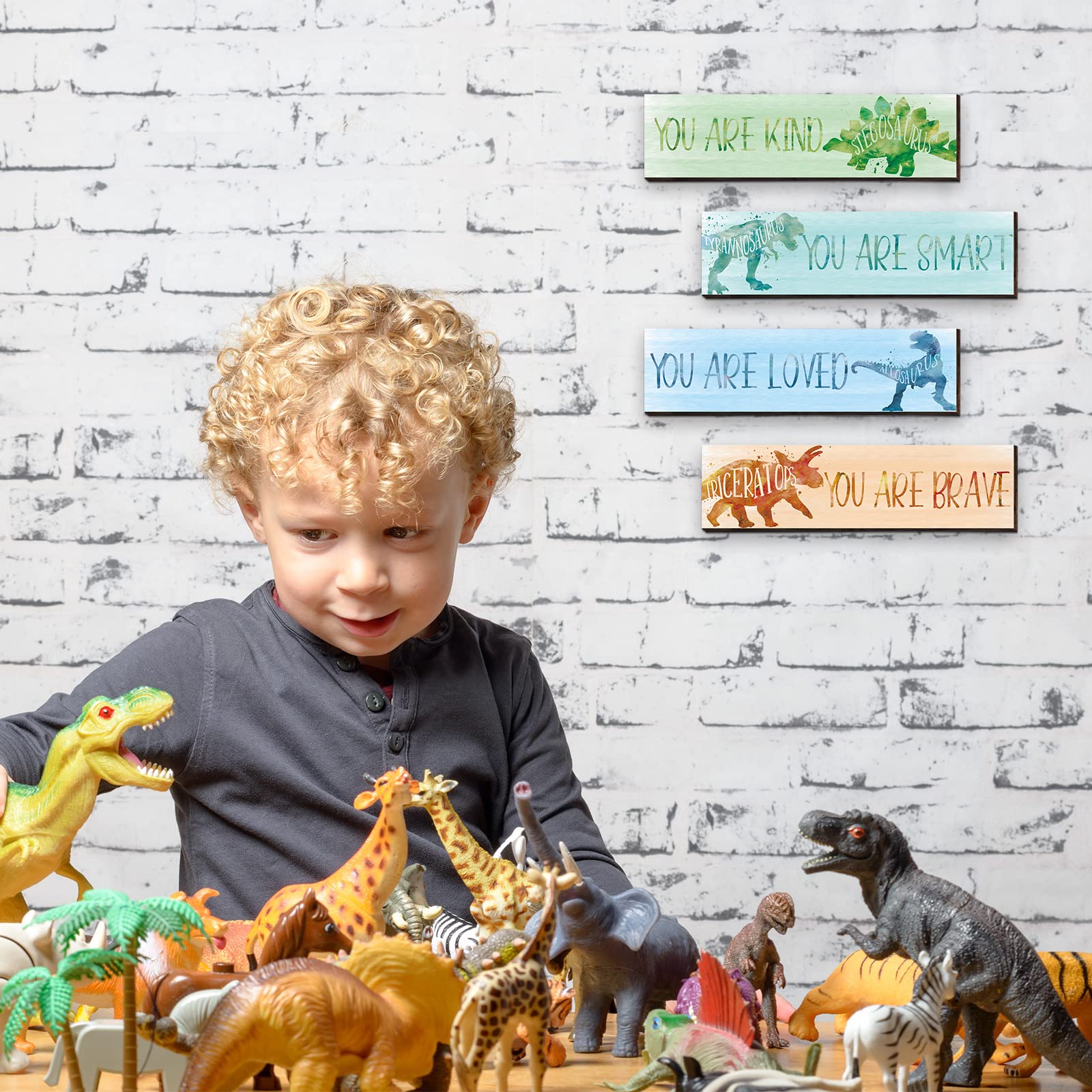 Dinosaur Wall Art Decor for Kids - 4 Pcs Inspirational Dinosaur Posters for Boys Room, Nursery & Classroom (12x3 Inch) - Perfect for Bedroom Decor, Playroom & Learning Spaces