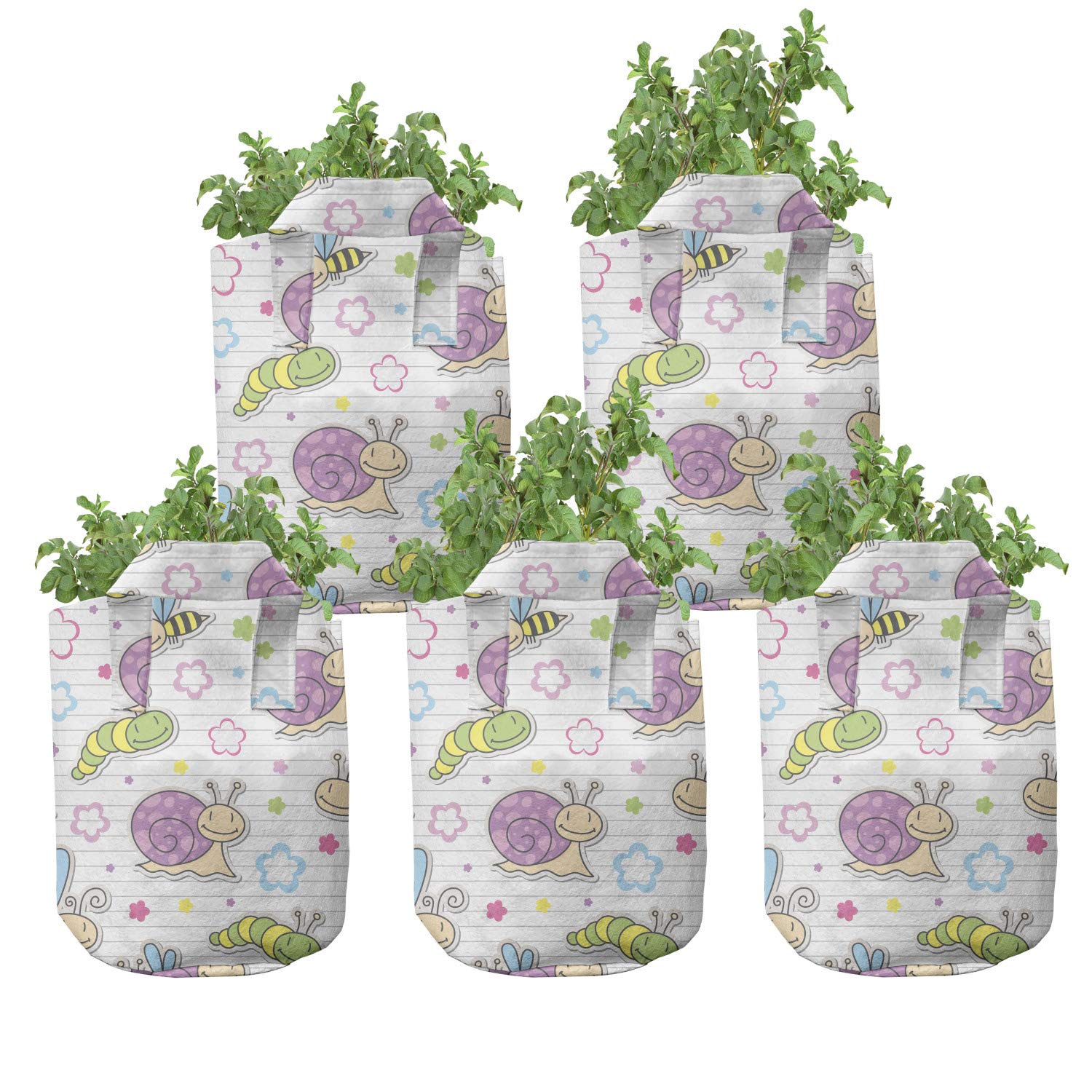 Ambesonne 5-Pack Heavy Duty Fabric Grow Bags with Handles - Cartoon Caterpillar Bees Flowers Design for Plants, Vegetables & Herbs | Indoor/Outdoor Gardening, Balcony Decor, Urban Farming