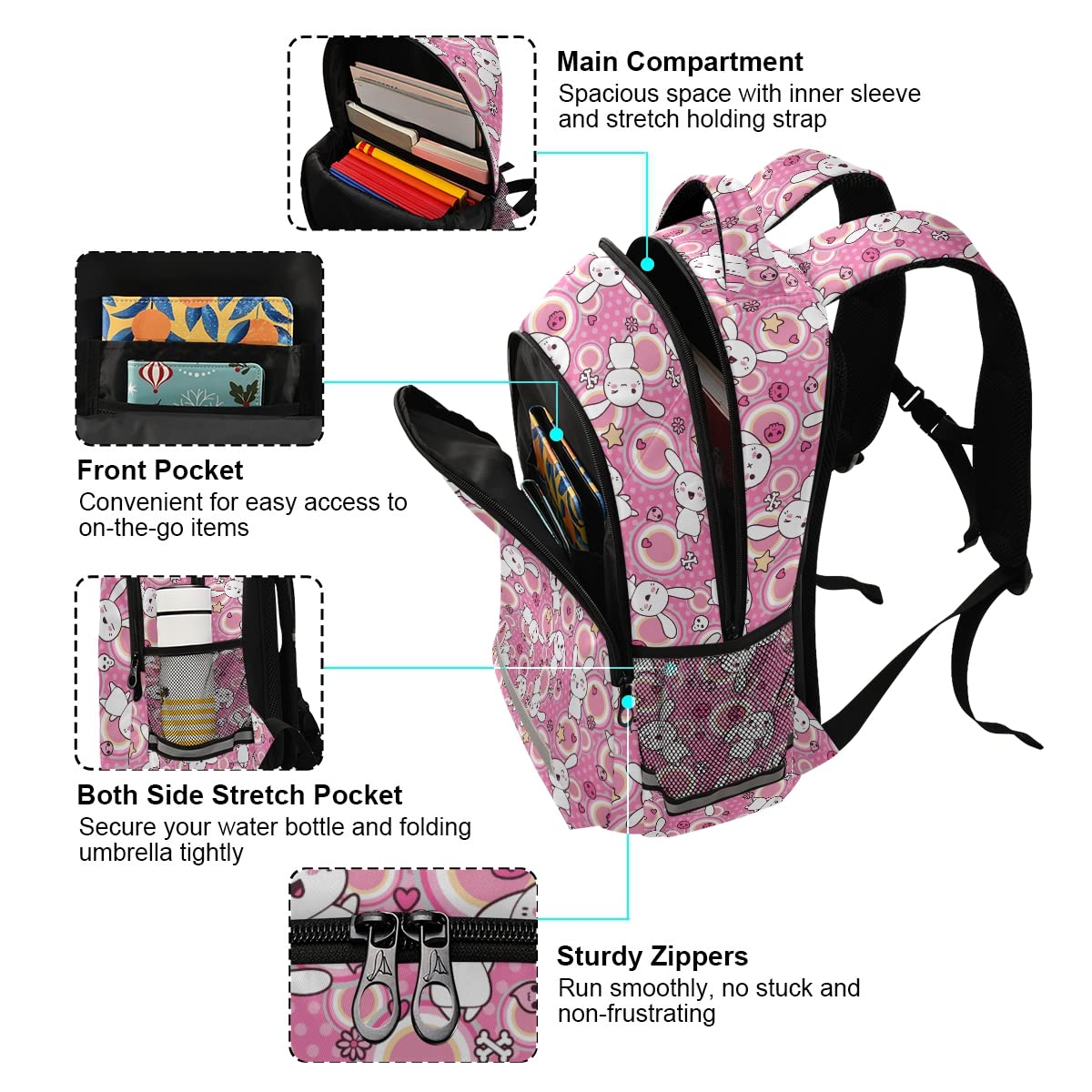 **MNSRUU Cute Doodle Kawaii Rabbit Laptop Backpack for School, Travel & Hiking - Adjustable Chest Strap, Lightweight Rucksack for Boys & Girls - Perfect for College, Work & Outdoor Adventures**